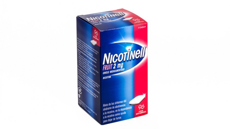NICOTINELL FRUIT 2 mg CHICLE MEDICAMENTOSO, 96 chicles fotografía del envase.