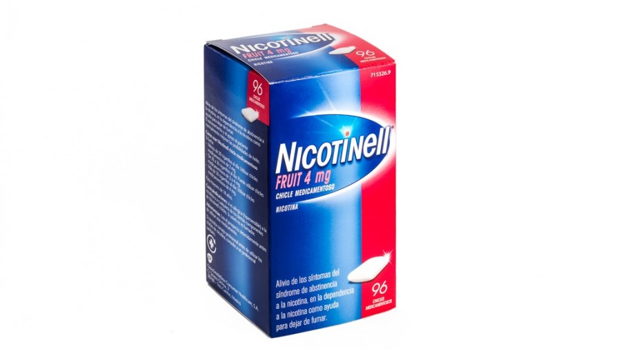 NICOTINELL FRUIT 4 mg CHICLE MEDICAMENTOSO , 96 chicles fotografía del envase.