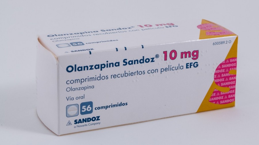 OLANZAPINA SANDOZ 10 mg COMPRIMIDOS RECUBIERTOS CON PELICULA EFG, 28 comprimidos fotografía del envase.