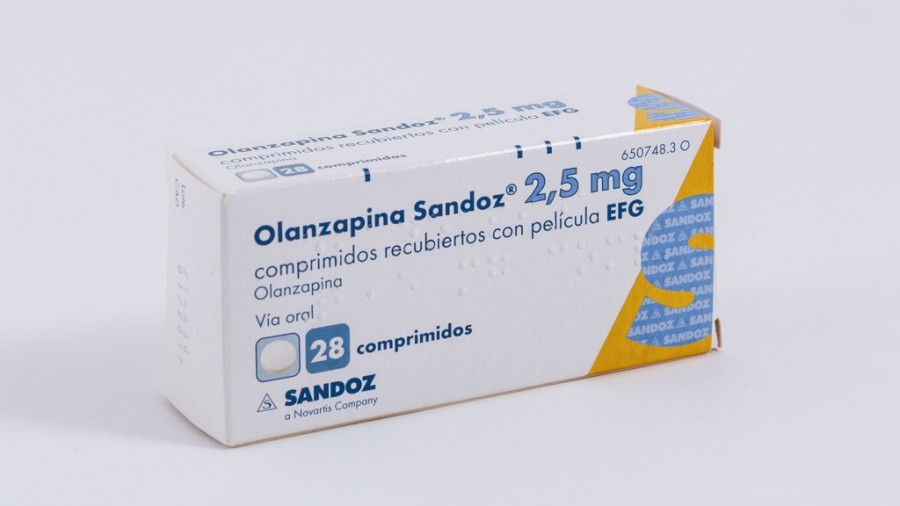 OLANZAPINA SANDOZ 2,5 mg COMPRIMIDOS RECUBIERTOS CON PELICULA EFG, 28 comprimidos fotografía del envase.