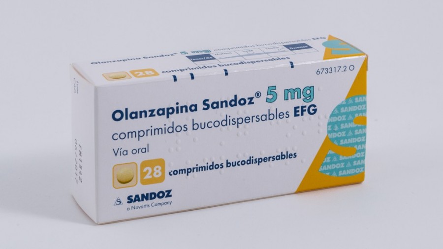 OLANZAPINA SANDOZ  5 mg COMPRIMIDOS BUCODISPERSABLES EFG , 28 comprimidos fotografía del envase.