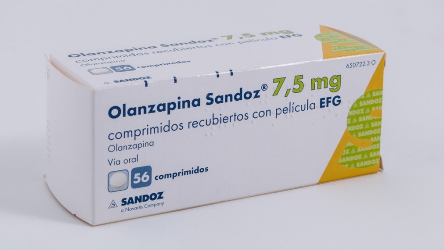 OLANZAPINA SANDOZ 7,5 mg COMPRIMIDOS RECUBIERTOS CON PELICULA EFG, 56 comprimidos fotografía del envase.