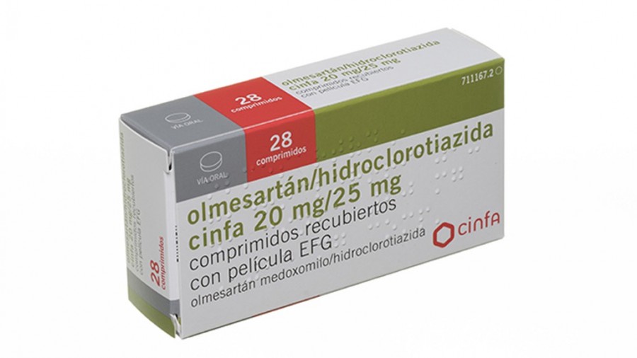 olmesartan / hidroclorotiazida cinfa 20 mg / 25 mg comprimidos recubiertos con pelicula EFG, 28 comprimidos fotografía del envase.