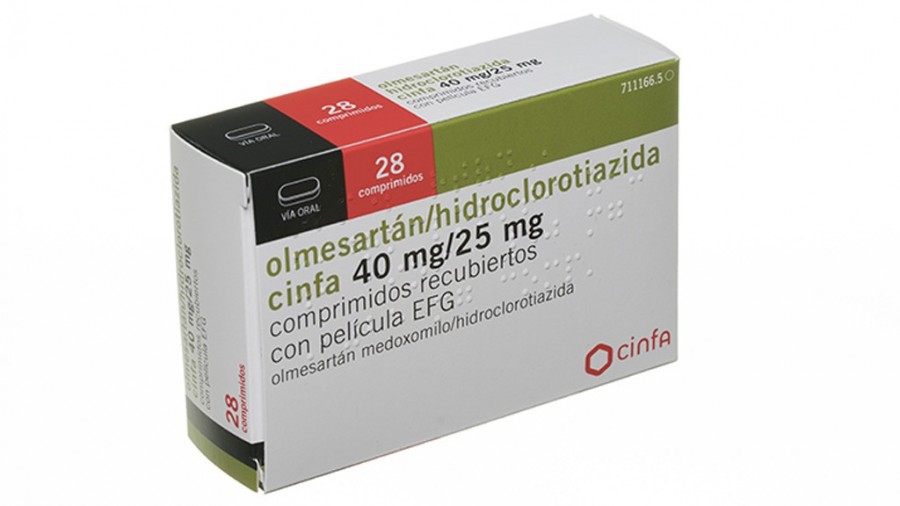 olmesartan / hidroclorotiazida cinfa 40mg / 25 mg comprimidos recubiertos con pelicula EFG, 28 comprimidos fotografía del envase.