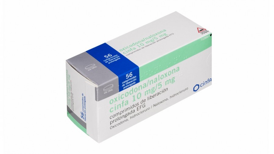 OXICODONA/NALOXONA CINFA 10 MG/5 MG COMPRIMIDOS DE LIBERACION PROLONGADA EFG, 56 comprimidos fotografía del envase.