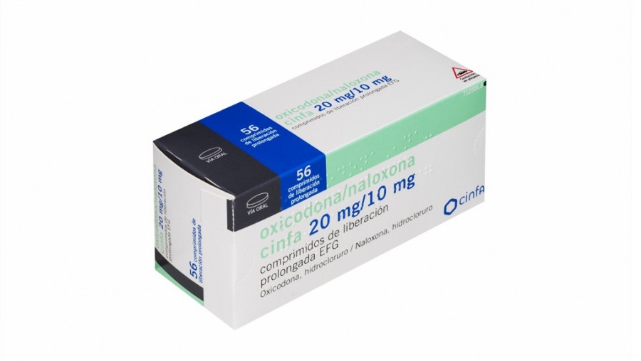 OXICODONA/NALOXONA CINFA 20 MG/10 MG COMPRIMIDOS DE LIBERACION PROLONGADA EFG, 56 comprimidos fotografía del envase.