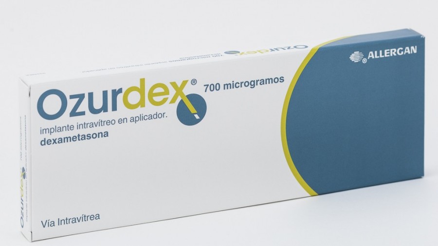 OZURDEX 700 microgramos IMPLANTE INTRAVITREO EN APLICADOR, 1 implante fotografía del envase.