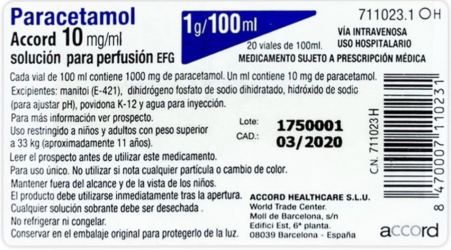 PARACETAMOL ACCORD 10 mg/ml SOLUCION PARA PERFUSION EFG , 12 bolsas de 100 ml fotografía del envase.