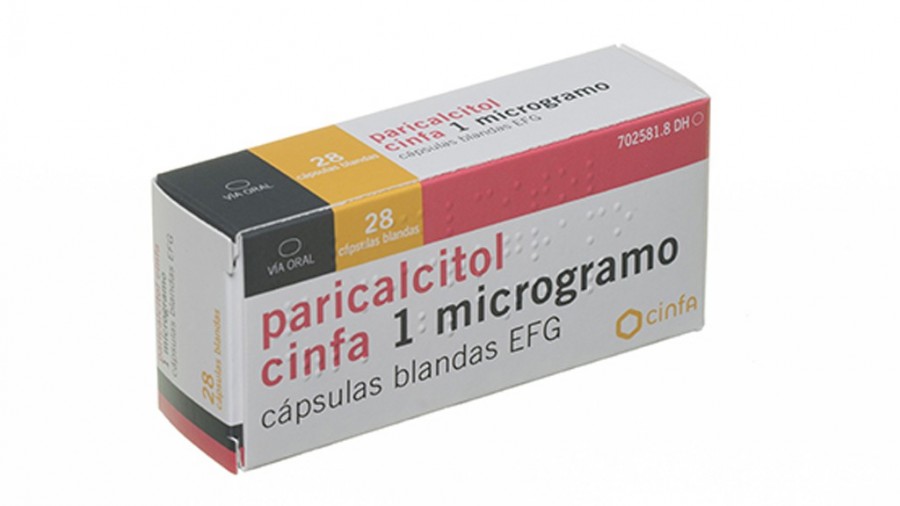 PARICALCITOL CINFA 1 MICROGRAMO CAPSULAS BLANDAS EFG , 28 cápsulas fotografía del envase.