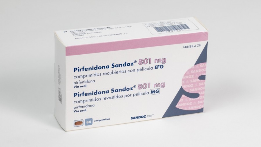 PIRFENIDONA SANDOZ 801 MG COMPRIMIDOS RECUBIEROS CON PELICULA EFG, 84 comprimidos fotografía del envase.