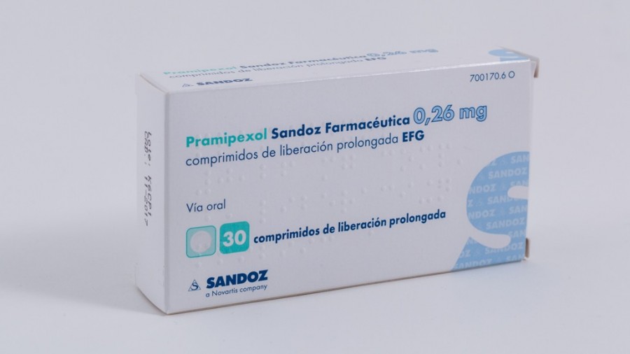 PRAMIPEXOL SANDOZ FARMACEUTICA 0,26 MG COMPRIMIDOS DE LIBERACION PROLONGADA EFG , 30 comprimidos fotografía del envase.