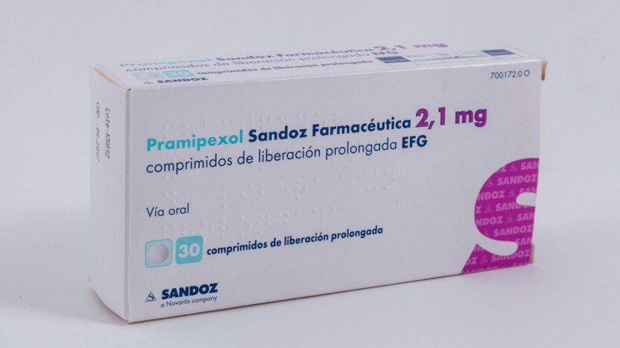 PRAMIPEXOL SANDOZ FARMACEUTICA 2,1 MG COMPRIMIDOS DE LIBERACION PROLONGADA EFG , 30 comprimidos fotografía del envase.