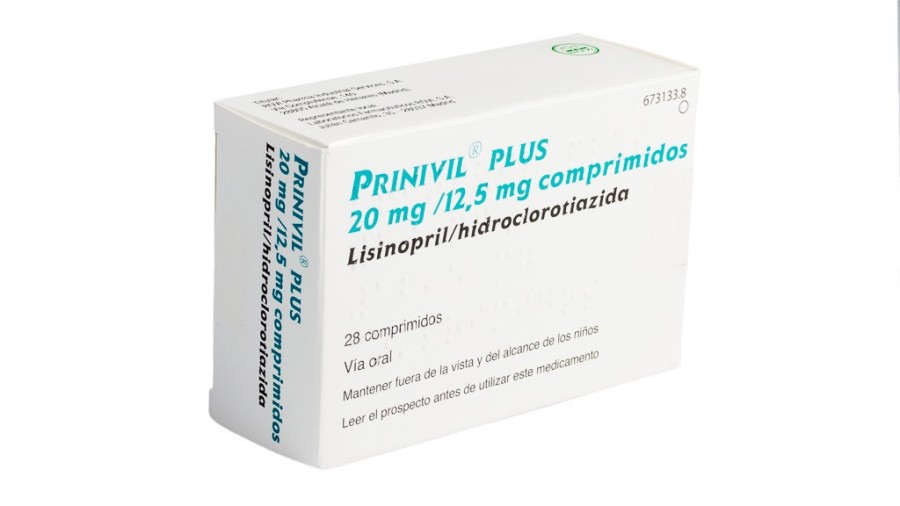 PRINIVIL PLUS 20 mg/12,5 mg COMPRIMIDOS , 28 comprimidos fotografía del envase.
