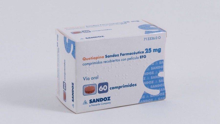 QUETIAPINA SANDOZ FARMACEUTICA 25 mg COMPRIMIDOS RECUBIERTOS CON PELICULA EFG , 6 comprimidos fotografía del envase.