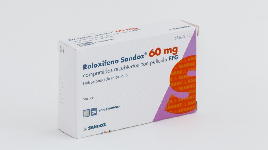 RALOXIFENO SANDOZ 60 mg COMPRIMIDOS RECUBIERTOS CON PELÍCULA EFG, 28 comprimidos fotografía del envase.