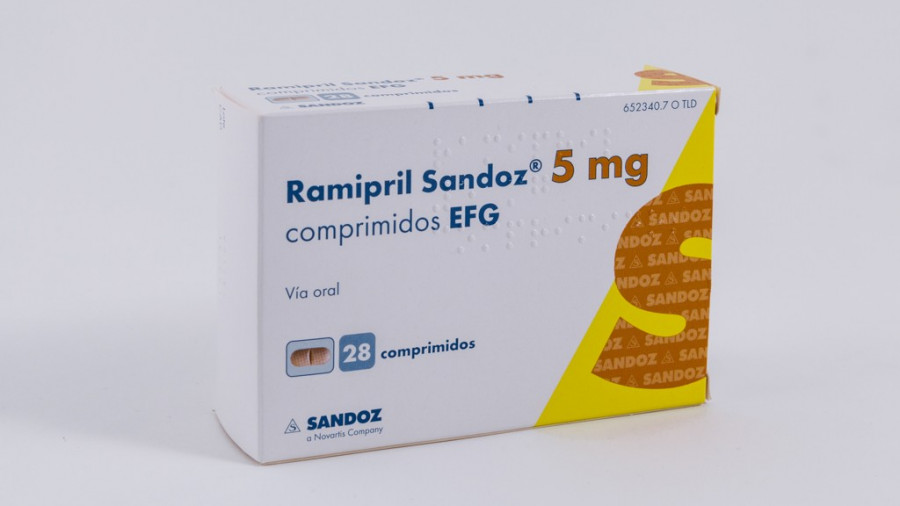 RAMIPRIL SANDOZ 5 mg COMPRIMIDOS EFG, 56 comprimidos fotografía del envase.
