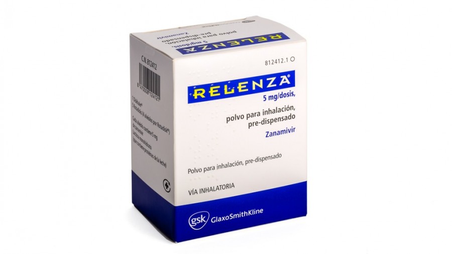 RELENZA  5 mg/dosis POLVO PARA INHALACION (UNIDOSIS), 1 inhalador + 5 alveolos fotografía del envase.