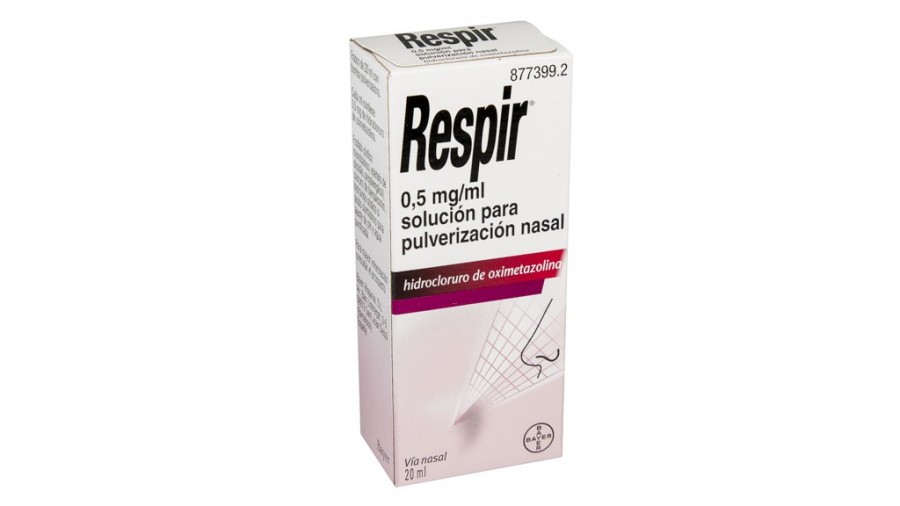 RESPIR 0,5 mg/ml SOLUCION PARA PULVERIZACION NASAL , 1 frasco de 20 ml (Frasco+bomba pulverizadora) fotografía del envase.