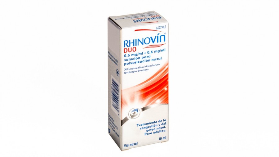 RHINOVIN DUO 0,5 mg/ml + 0.6 mg/ml SOLUCION PARA PULVERIZACION NASAL, 1 envase pulverizador de 10 ml fotografía del envase.