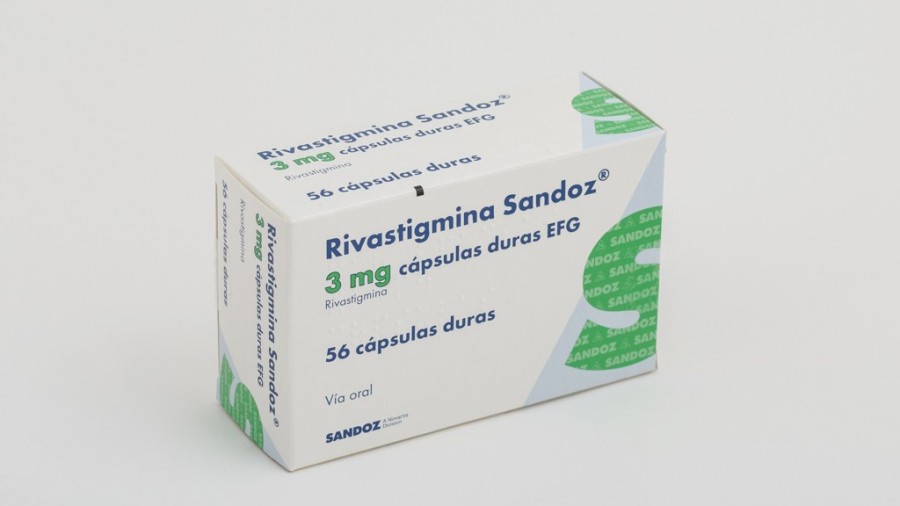 RIVASTIGMINA SANDOZ 3 mg CAPSULAS DURAS EFG, 56 cápsulas fotografía del envase.