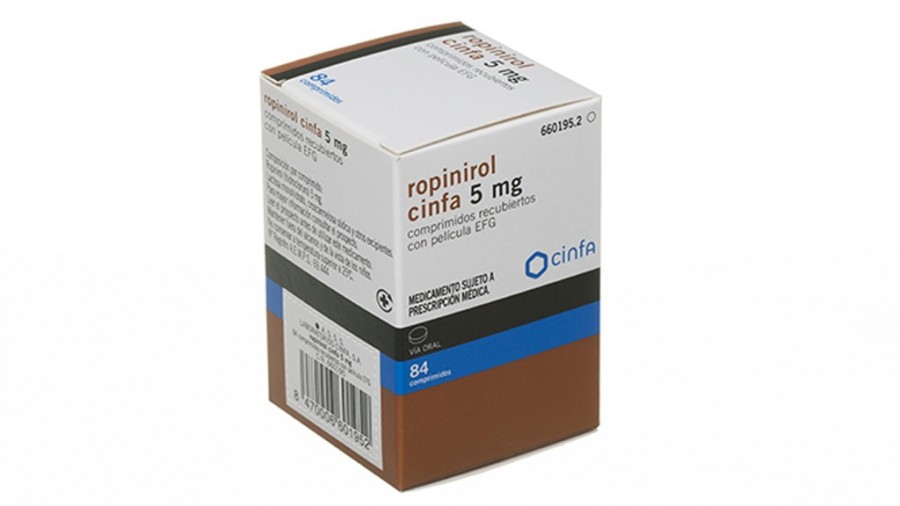ROPINIROL CINFA 5 mg COMPRIMIDOS RECUBIERTOS CON PELICULA EFG, 84 comprimidos fotografía del envase.