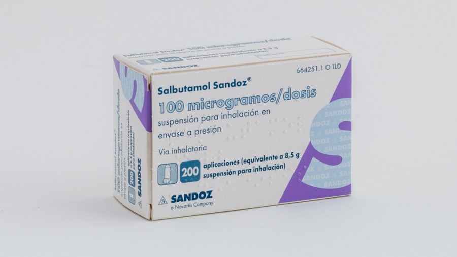 SALBUTAMOL SANDOZ 100 microgramos/DOSIS SUSPENSION PARA INHALACION EN ENVASE A PRESION, 1 inhalador de 200 dosis fotografía del envase.