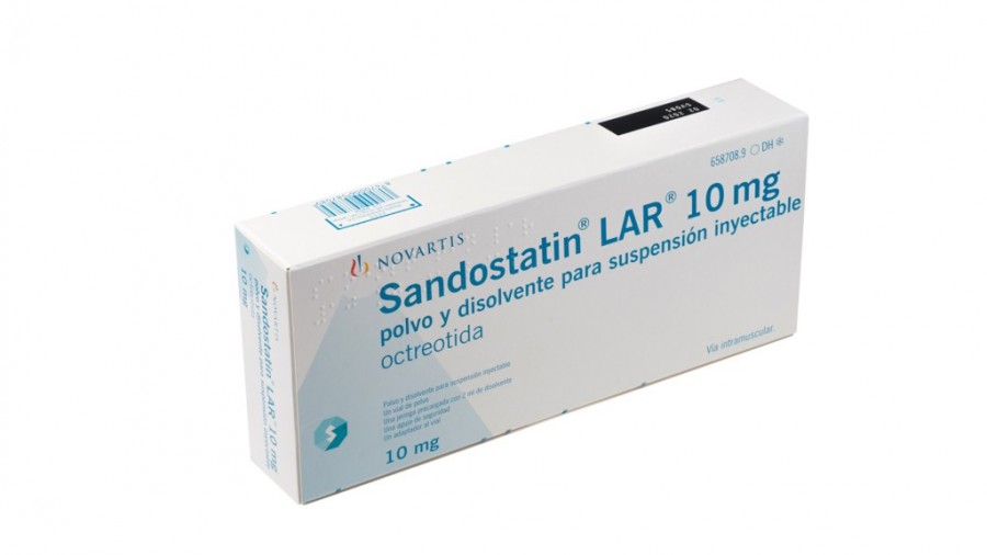 SANDOSTATIN LAR 10 mg POLVO  Y DISOLVENTE PARA SUSPENSION INYECTABLE,  1 vial (polvo) + 1 jeringa precargada (disolvente) + 1 adaptador al vial + 1 aguja fotografía del envase.