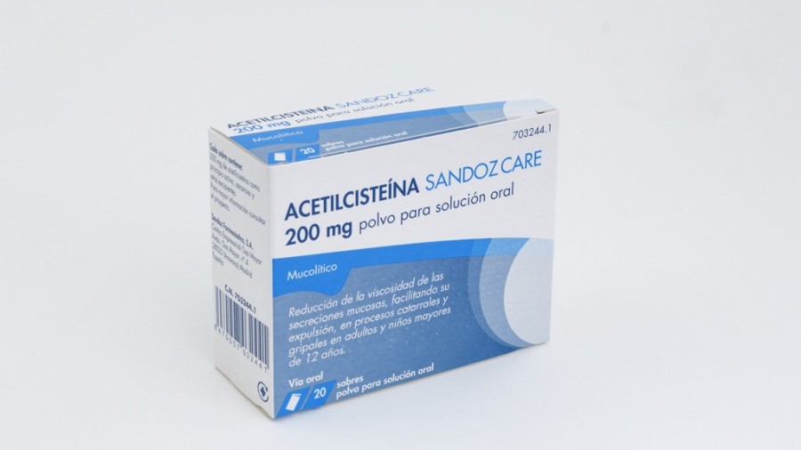 ACETILCISTEINA SANDOZ CARE 200 mg POLVO PARA SOLUCIÓN ORAL , 20 sobres fotografía del envase.