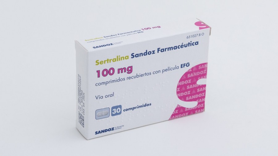 SERTRALINA SANDOZ FARMACÉUTICA 100 mg COMPRIMIDOS RECUBIERTOS CON PELICULA EFG,60 comprimidos fotografía del envase.