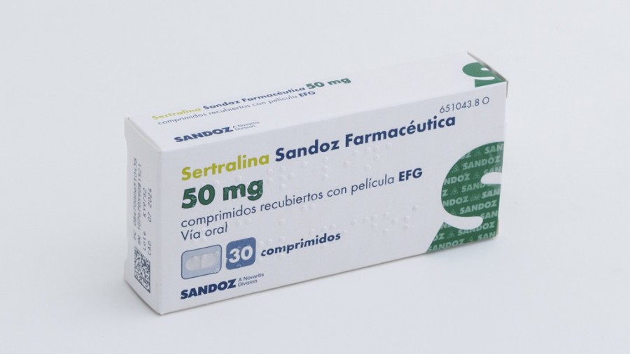 SERTRALINA SANDOZ FARMACÉUTICA 50 mg COMPRIMIDOS RECUBIERTOS CON PELICULA EFG, 60 comprimidos fotografía del envase.