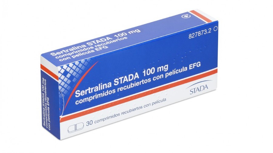 SERTRALINA STADA 100 mg COMPRIMIDOS RECUBIERTOS CON PELICULA EFG, 30 comprimidos fotografía del envase.