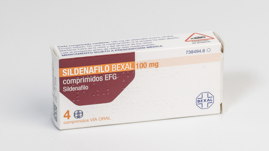 SILDENAFILO BEXAL 100 MG COMPRIMIDOS EFG, 4 comprimidos (PVC/PVDC/Al) fotografía del envase.