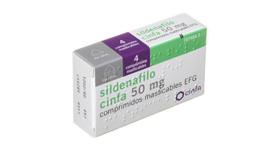 SILDENAFILO CINFA 50 MG COMPRIMIDOS MASTICABLES EFG , 4 comprimidos fotografía del envase.