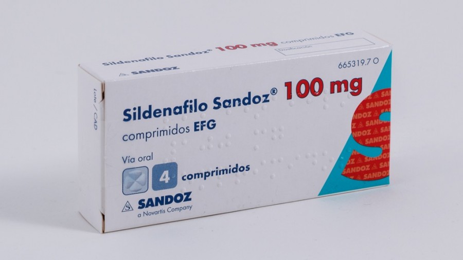 SILDENAFILO SANDOZ 100 mg COMPRIMIDOS EFG,4 comprimidos (PVC/PVDC/AL) fotografía del envase.