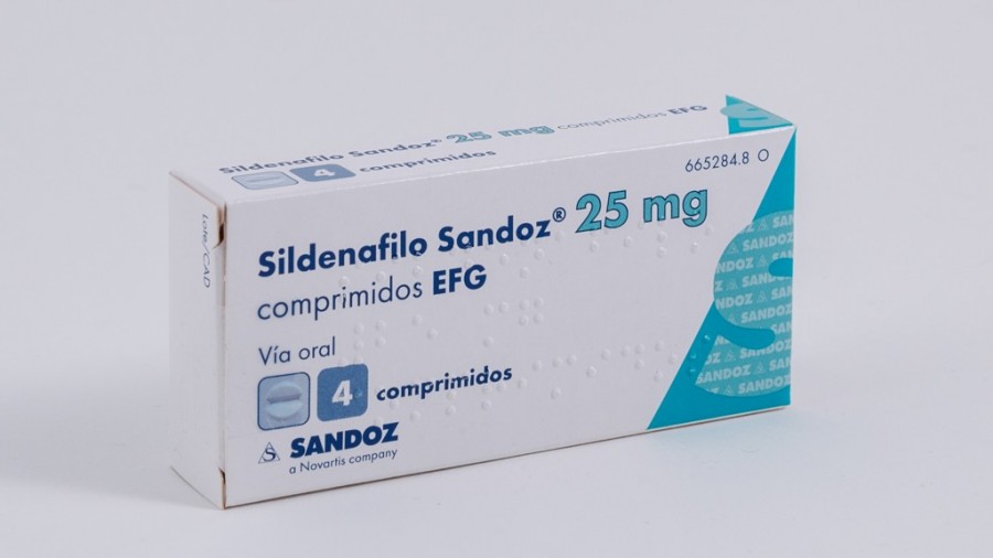 SILDENAFILO SANDOZ 25 mg COMPRIMIDOS EFG,4 comprimidos (PVC/PVDC/AL) fotografía del envase.