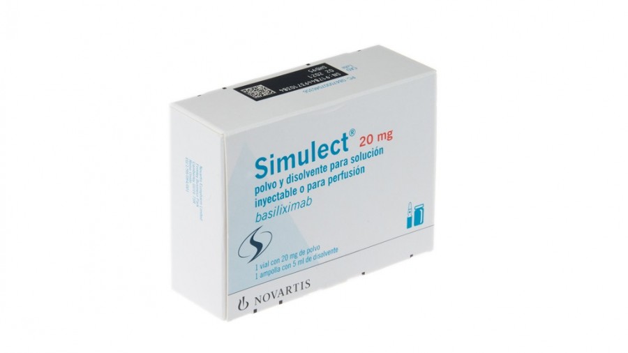 SIMULECT 20 mg POLVO Y DISOLVENTE PARA SOLUCION INYECTABLE O PARA PERFUSION , 1 vial + 1 ampolla de disolvente fotografía del envase.