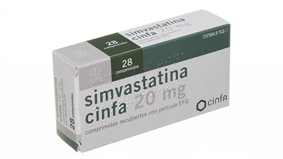 SIMVASTATINA CINFA 20 mg COMPRIMIDOS RECUBIERTOS CON PELICULA EFG, 28 comprimidos fotografía del envase.