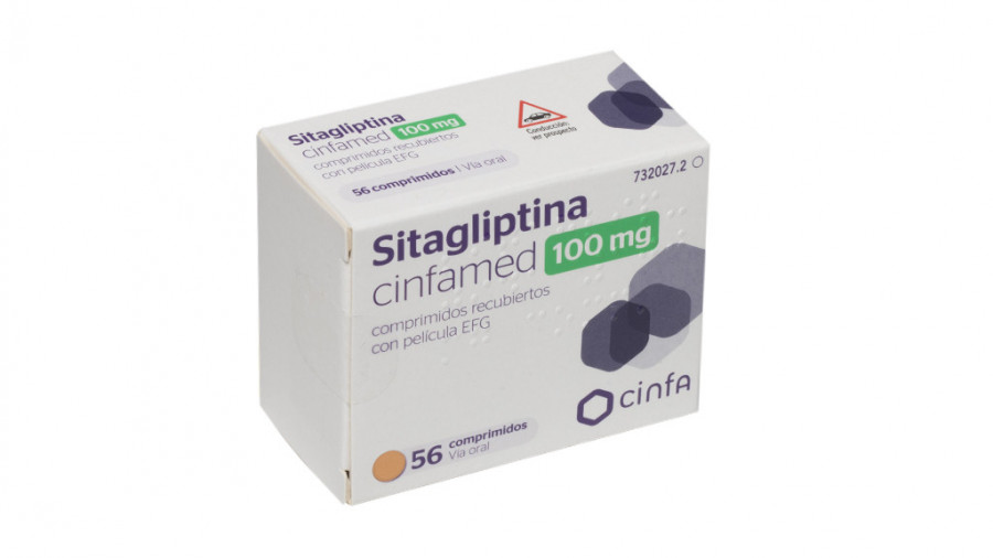 SITAGLIPTINA CINFAMED 100 MG COMPRIMIDOS RECUBIERTOS CON PELICULA EFG, 56 comprimidos fotografía del envase.