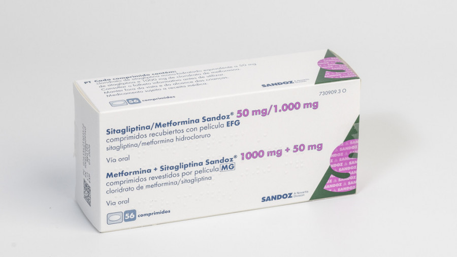 SITAGLIPTINA/METFORMINA SANDOZ 50MG/1000 MG COMPRIMIDOS RECUBIERTOS CON PELICULA EFG, 56 comprimidos (PVC/PE/PVDC-Al) fotografía del envase.