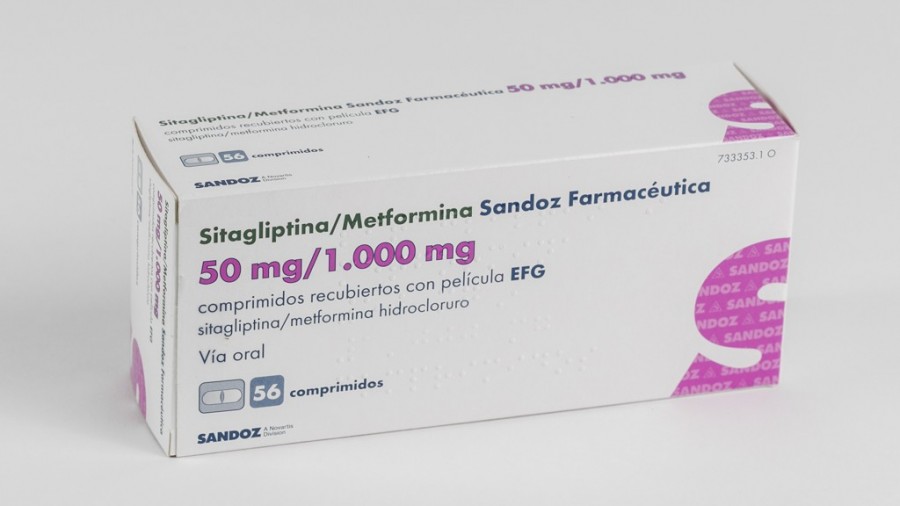 SITAGLIPTINA/METFORMINA SANDOZ FARMACEUTICA 50MG/1.000 MG COMPRIMIDOS RECUBIERTOS CON PELICULA EFG, 56 comprimidos (PVC/PE/PVDC/Al) fotografía del envase.