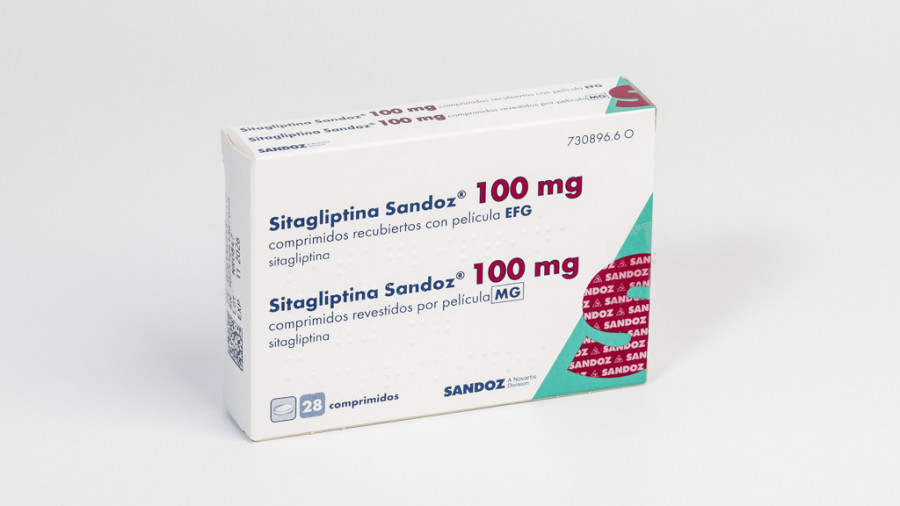 SITAGLIPTINA SANDOZ 100 MG COMPRIMIDOS RECUBIERTOS CON PELICULA EFG, 28 comprimidos (PVC/PE/PVDC//Al) fotografía del envase.