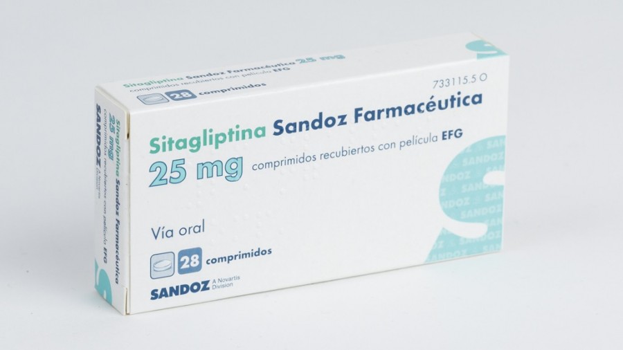 SITAGLIPTINA SANDOZ FARMACEUTICA 25 MG COMPRIMIDOS RECUBIERTOS CON PELICULA EFG, 28 comprimidos (PVC/PE/PVDC/Al) fotografía del envase.