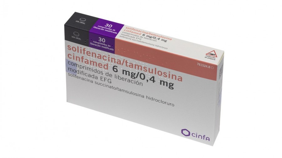 SOLIFENACINA/TAMSULOSINA CINFAMED 6 MG/0.4 MG COMPRIMIDOS DE LIBERACION MODIFICADA EFG, 30 comprimidos fotografía del envase.