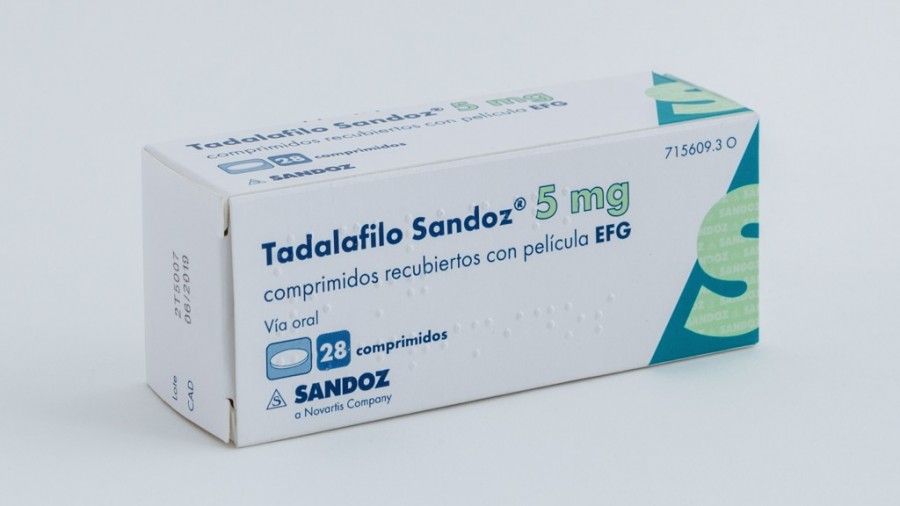 TADALAFILO SANDOZ 5 MG COMPRIMIDOS RECUBIERTOS CON PELICULA EFG, 28 comprimidos (Blister PVC/ACLAR/PVC-Al) fotografía del envase.