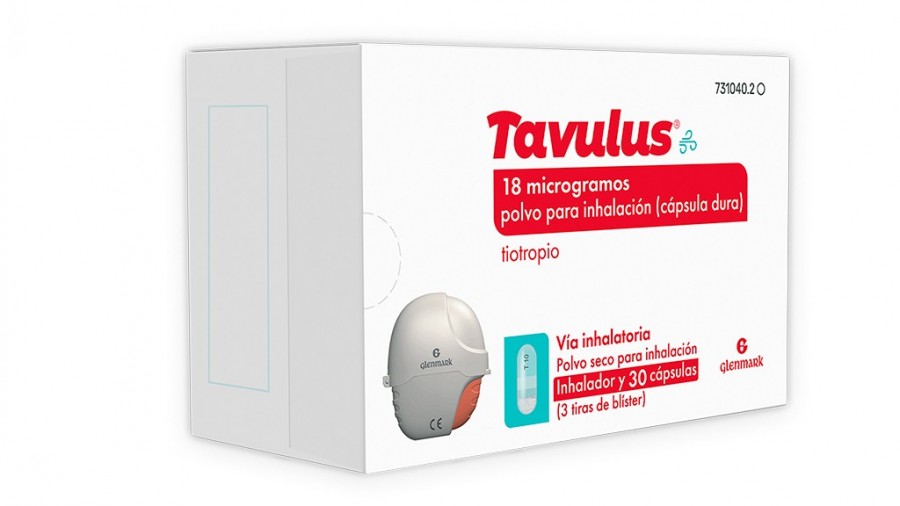 TAVULUS 18 MICROGRAMOS POLVO PARA INHALACION (CAPSULA DURA), 30 cápsulas + inhalador fotografía del envase.