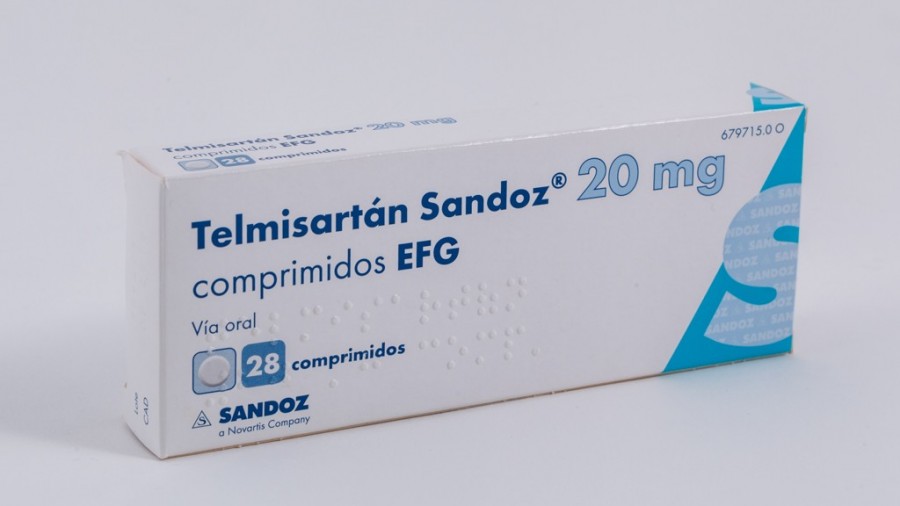 TELMISARTAN SANDOZ 20 mg COMPRIMIDOS EFG , 28 comprimidos fotografía del envase.