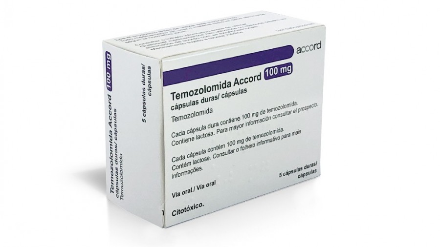TEMOZOLOMIDA ACCORD 100 mg CAPSULAS DURAS EFG 5 capsulas fotografía del envase.