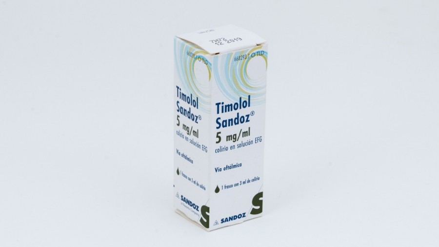 TIMOLOL SANDOZ 5 MG/ML COLIRIO EN SOLUCION EFG , 1 frasco de 3 ml fotografía del envase.