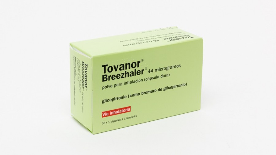 Tovanor Breezhaler 44 microgramos polvo para inhalacion 5 blísters de 6 cápsulas (envase de 30 cápsulas) fotografía del envase.