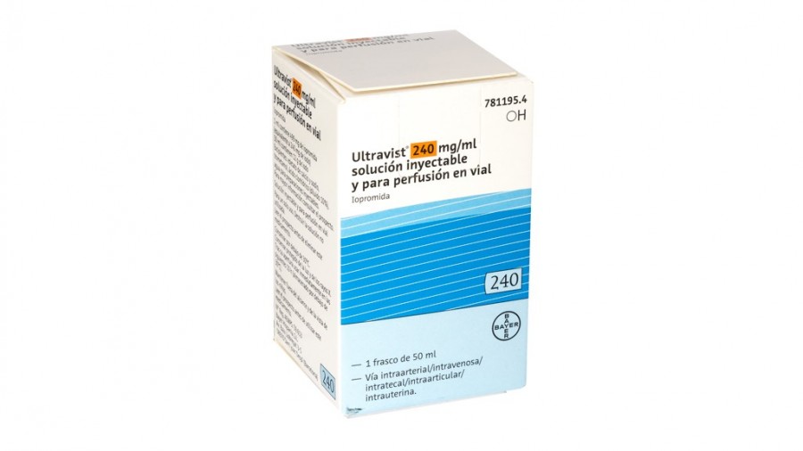 ULTRAVIST 240 mg /ml, SOLUCION INYECTABLE Y PARA PERFUSION EN VIAL, 1 frasco de 50 ml fotografía del envase.